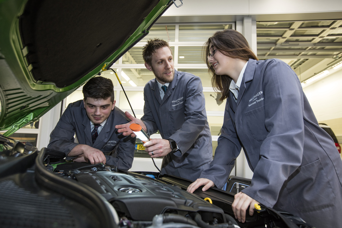 SKODa apprentices and tutor with car